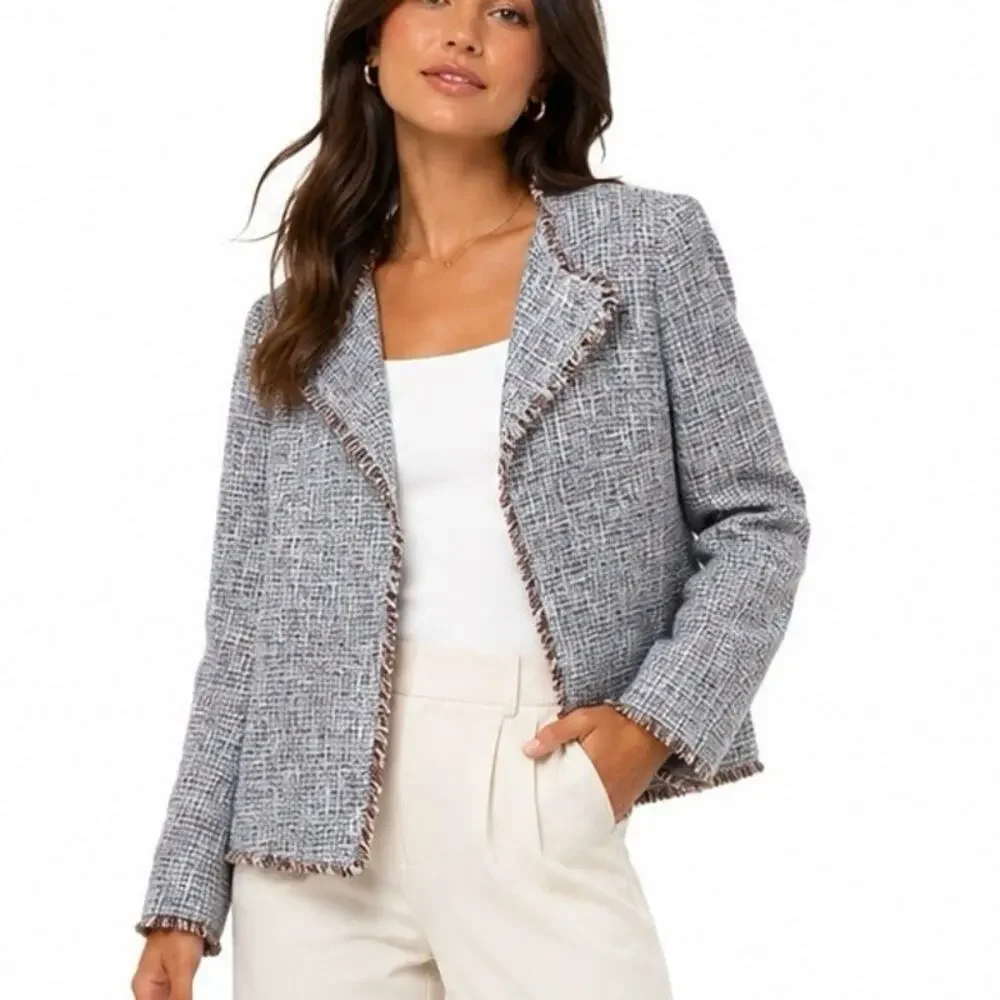 Banana Republic Tweed Open Front Fringe Jacket Blazer Blue White Size 2